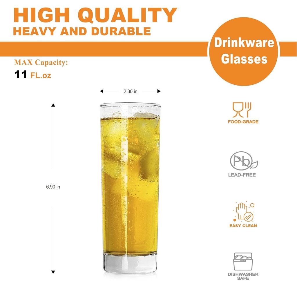 Drinking Glasses | 270 ML | Highball Glass | Heavy Base Tumbler | Premium Tall Cup for Water, Juice, Beer, Wine, Whiskey, Cocktail and Mixed Drink view 2