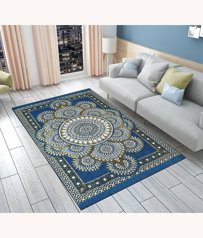 FURNISHING HUT Blue Cotton Carpet Abstract 5x7 Ft