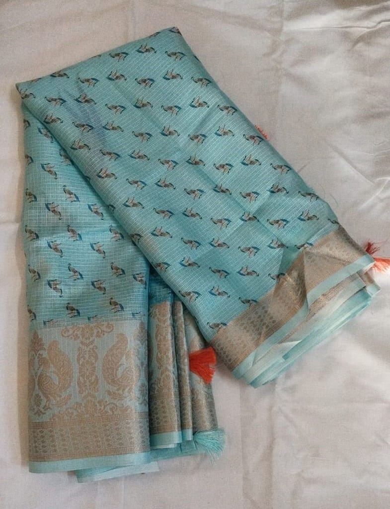 Blue Linen Saree With Parrot Print and Golden Border view 2