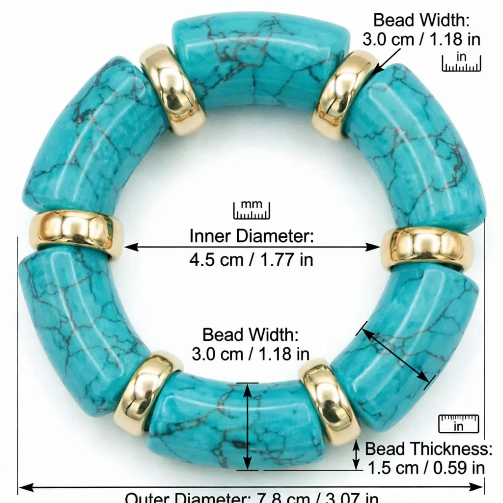 Vardaan Crystalx Women's Anti-Tarnish Bracelet (Kada), Chunky Turq color marble beads with gold spacers bold, elegant stretch bracelet. Hypoallergenic, Skin Safe, Sweat & Water Proof. Every day wear. view 2