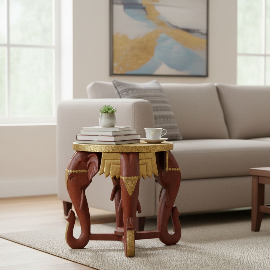 Wood Brass Elephant Coffee Table-End Table view 2