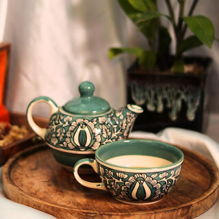 Handcrafted Ceramic Teapot and Cup Set-Elegant Green and White Floral Design view 2