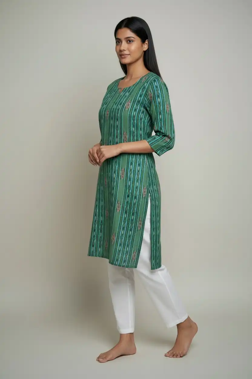 Sambalpuri Ikat Green Cotton Kurti view 2