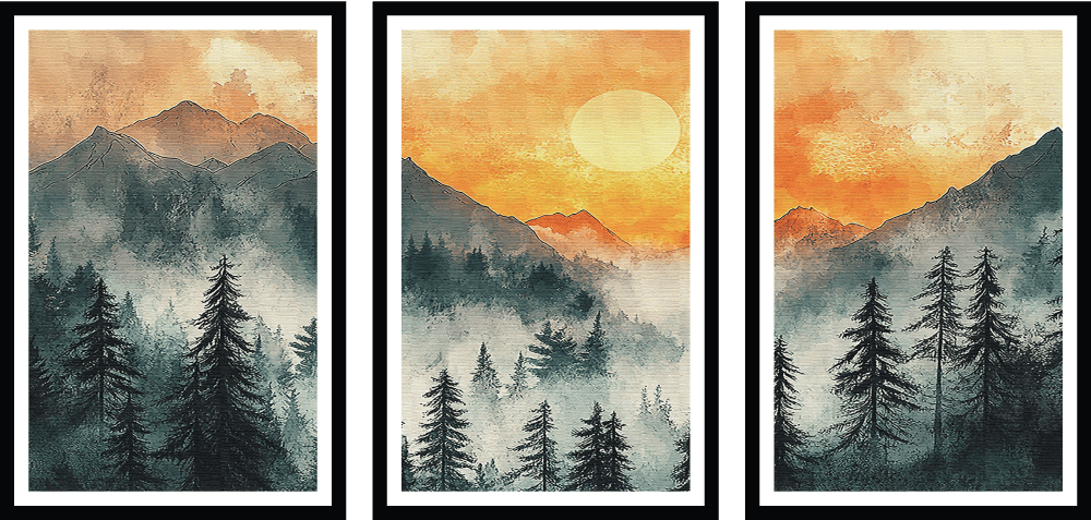 SUNSET FOREST LANDSCAPE PAINTINGS 48in X 24in WITH BLACK FRAME view 2