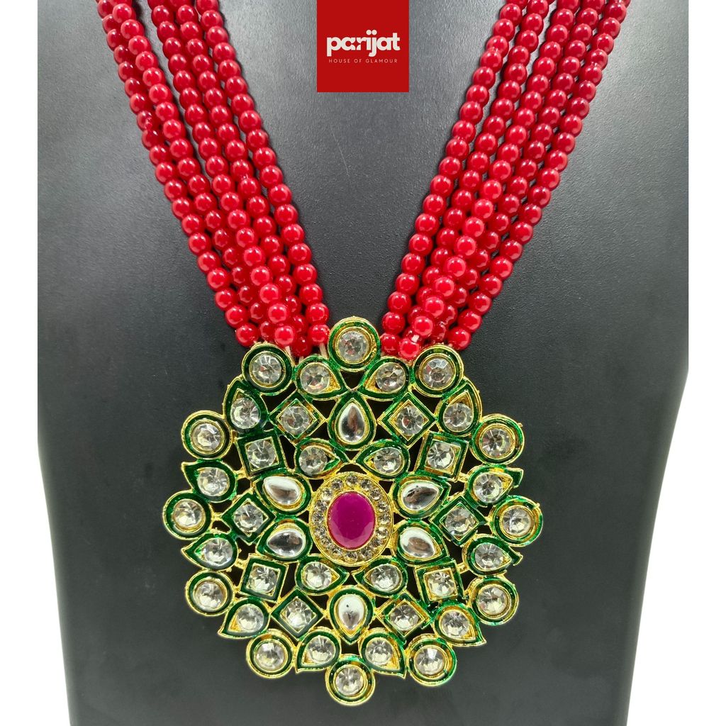 Parijat Luxury Handcrafted Gold Plated Necklace with Earrings, AD, Pearl, Red and White view 2