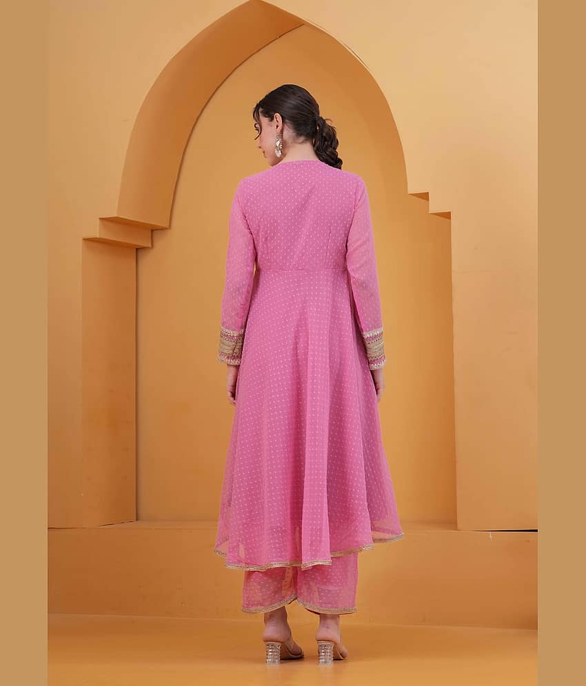 HIGHLIGHT FASHION EXPORT Women Georgette Self Design Angrakha Kurti With Pants ( Pink ) view 2