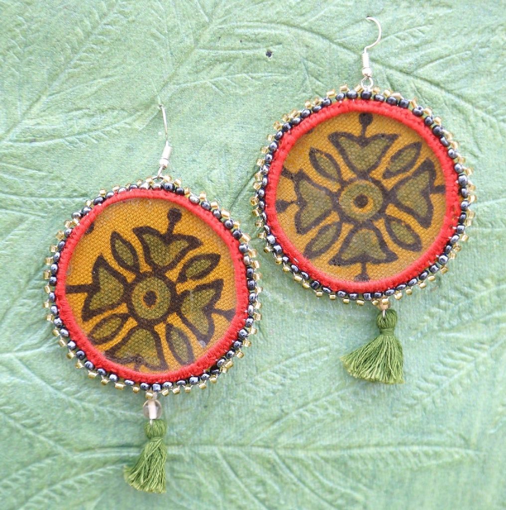 Yellow round beaded floral earrings view 2