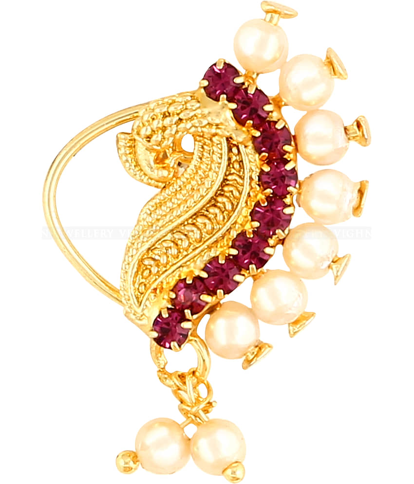 Vivastri Gold Plated Red Stone with Peals Alloy Maharashtrian Nath Nathiya./ Nose Pin for Women &Girls VIVA1007NTH-Press view 2
