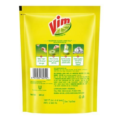 Vim Dishwash Liquid Gel Lemon Refill, 500 ml Pouch view 2