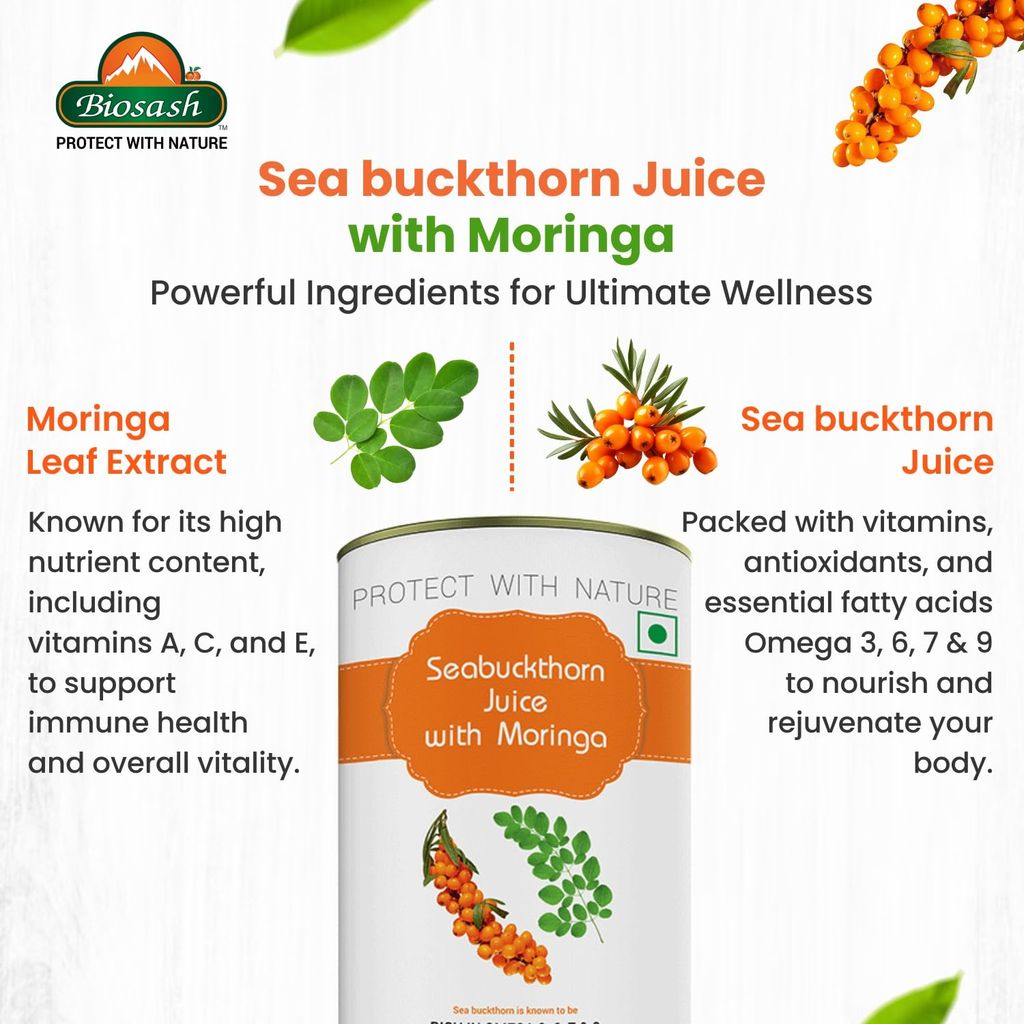 Biosash Sea Buckthorn Juice with Moringa 250ml | From Certified Organic Berries,Cold-Pressed | Rich in Omega 3 6 9, Vitamins & Antioxidants | No Added Sugar, Immunity, Wellness & Vitality | 50 Serves view 2