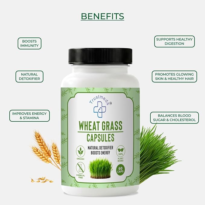 Trustmeds Wheat Grass Capsules, Natural Detoxifier, Boosts Energy, Organic Plant Based, Chemical Free, 60 Capsules | Pack of 19 view 2