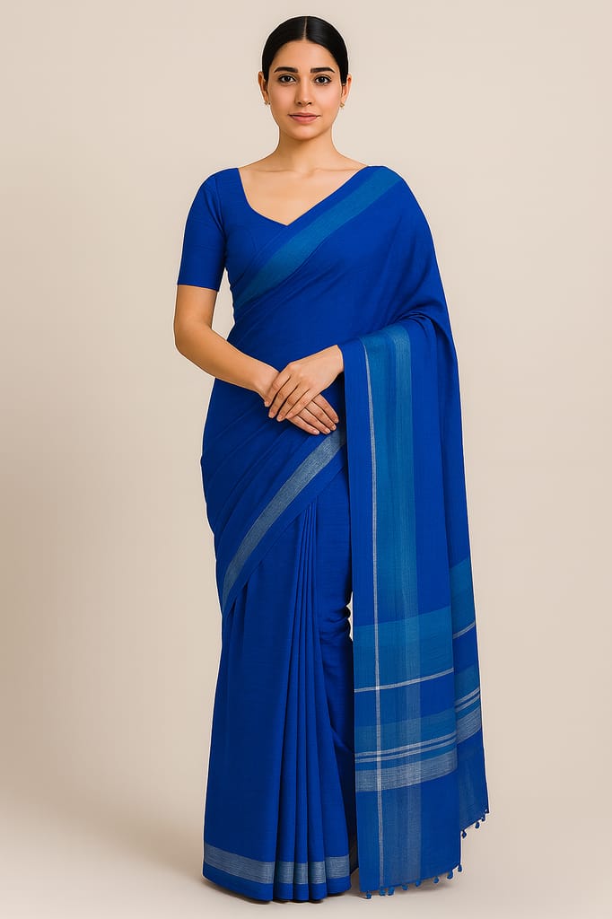 Elegant Royal Blue Striped Cotton Saree with Matching Blouse Piece