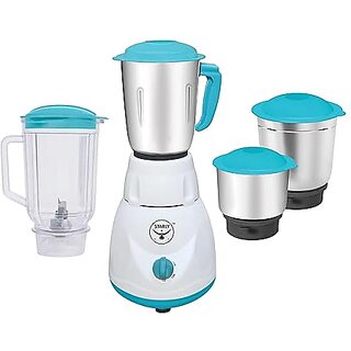 Starly Grind Force 500W Mixer Grinder 4 Jars 3 Stainless Steel Jars 2 litre Juicer Jar ABS Body Powerful High Speed Mixie for Grinding Mixing Juicing Blue White