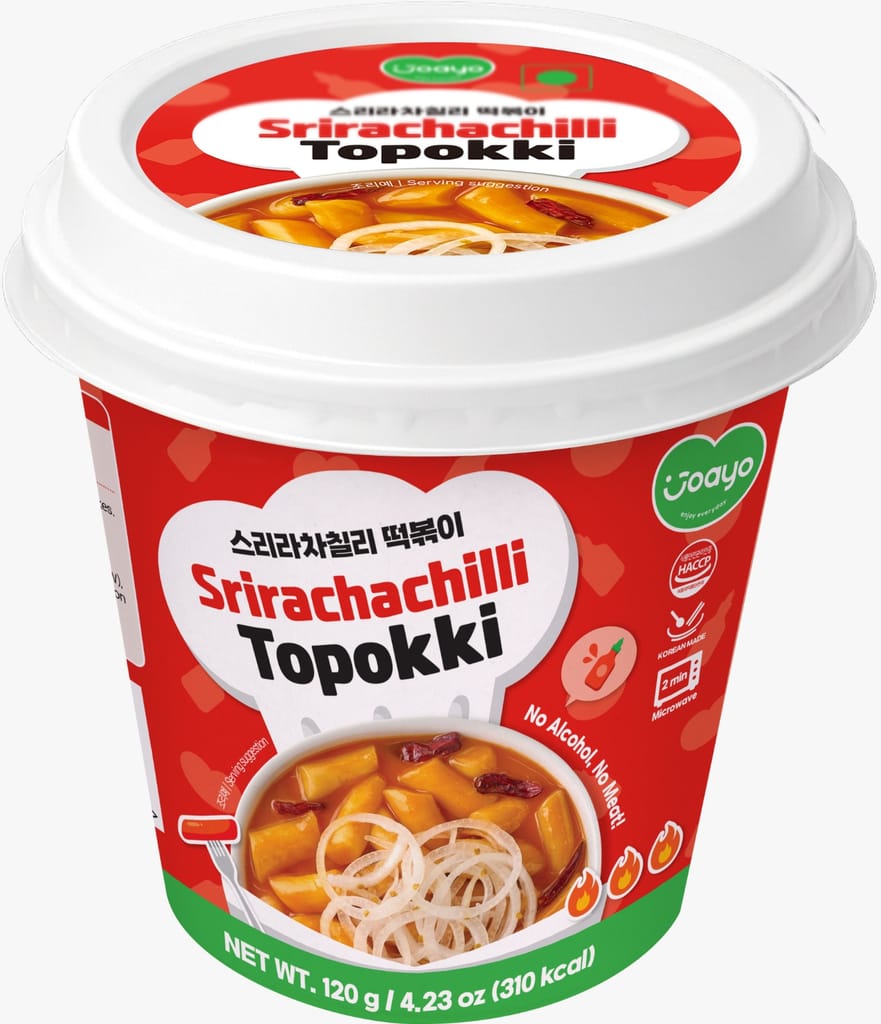 Joayo Srirachachili Topokki Instant Rice Cakes with Rich & Spicy Flavorful Savory Sauce 120g Rice Teokboki, Vegetarian (Made In Korea) view 2