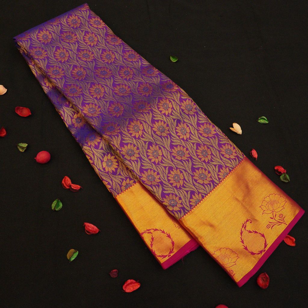 Violet with Pure Gold Zari Kanchipuram Silk Saree - Bridal Collections view 2