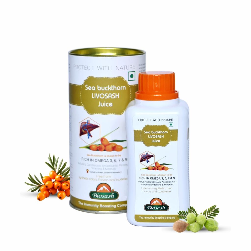 Biosash Sea Buckthorn Livosash Juice 250ml | Cold-Pressed & CO2 Extracted | Omega 3 6 7 9 | Herbal Kutki, Triphala, Giloy | Liver Detox & Fatty Liver Support | No Sugar | 50 Serves