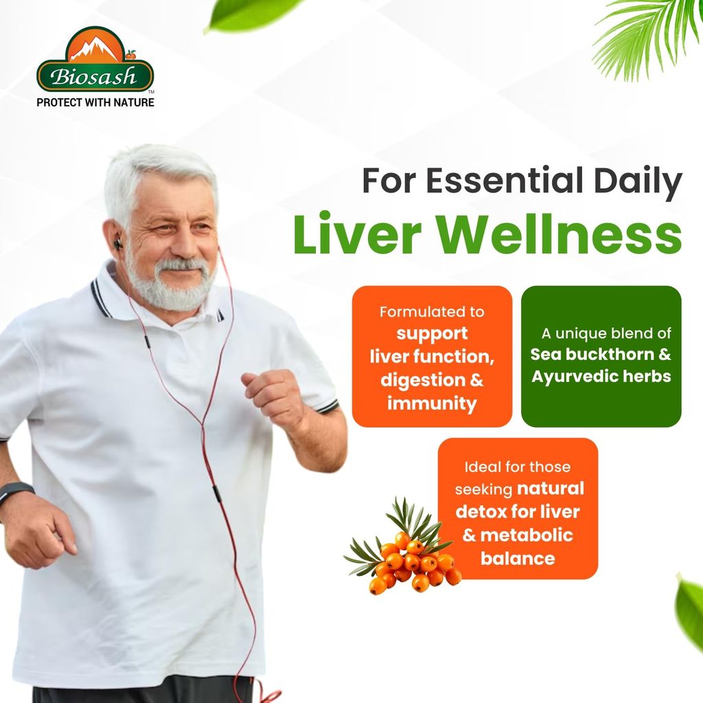 Biosash Sea Buckthorn Livosash Juice 250ml | Cold-Pressed & CO2 Extracted | Omega 3 6 7 9 | Herbal Kutki, Triphala, Giloy | Liver Detox & Fatty Liver Support | No Sugar | 50 Serves view 2