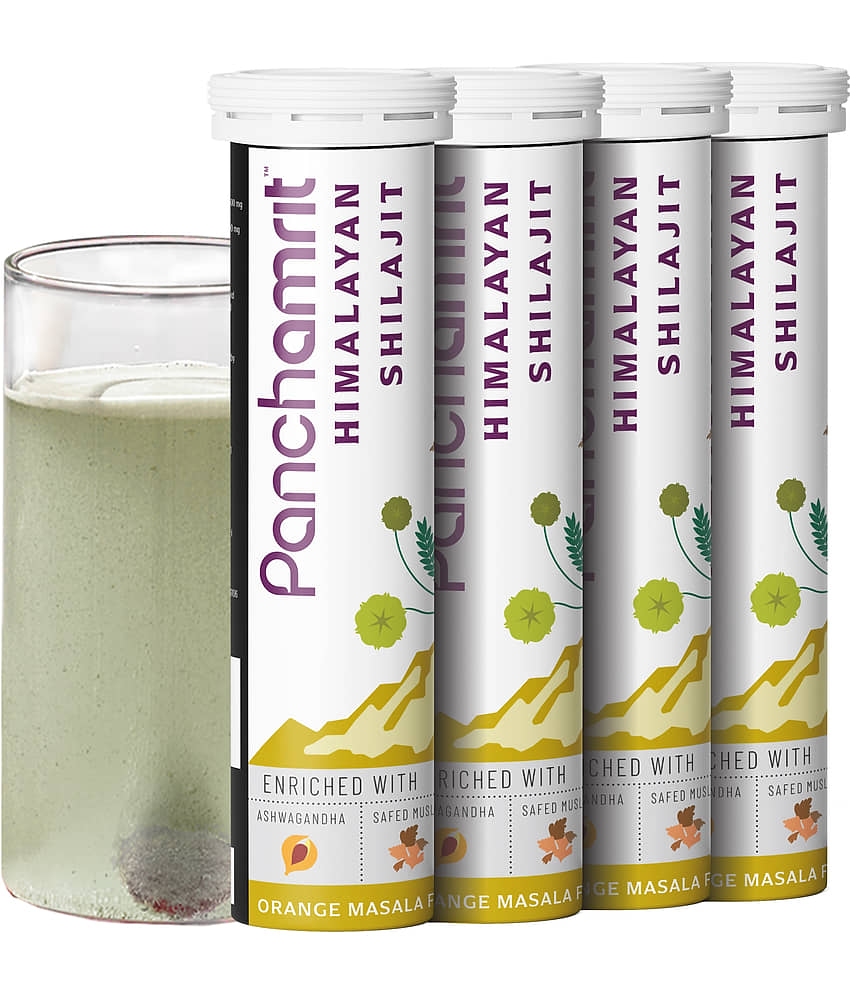 Panchamrit Himalayan Shilajit 600mg Effervescent | Helps Boost Stamina & Performance, Improves Muscle Recovery |Enriched with Ashwagandha, Kaunch Beej, Safed Musli | 15 Tablets (Pack of 4)