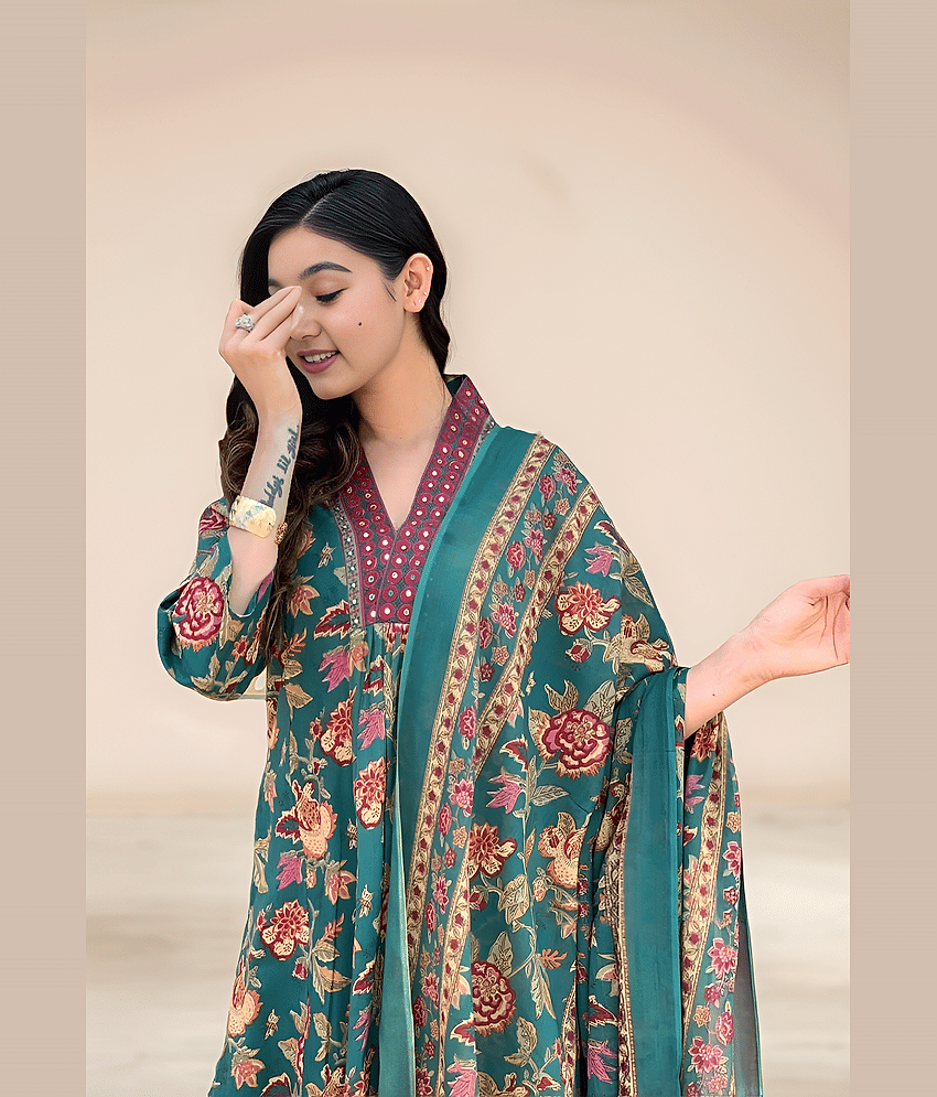 Aarya Designer Girls Cotton Blend Kurti with Pants ( Pack of 1 , Green ) view 2