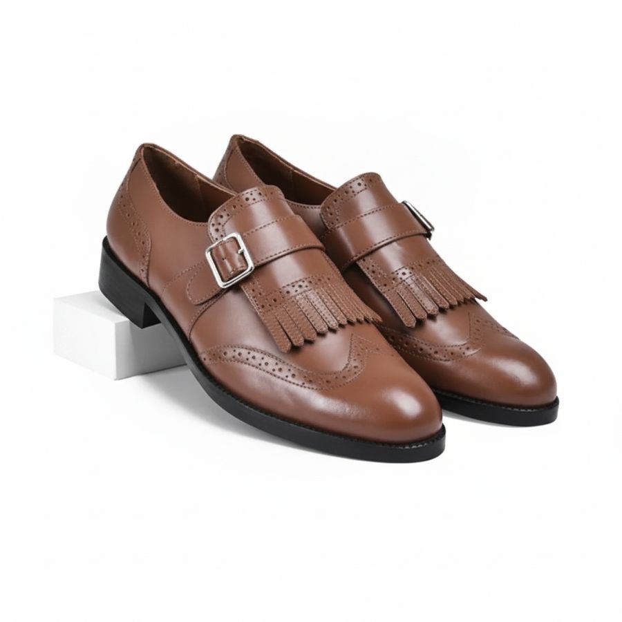 Men's Tan Monk Strap Brogue Shoes view 2