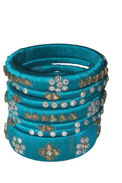 Light Blue Silk Thread Bangles with Design of White Stones view 2