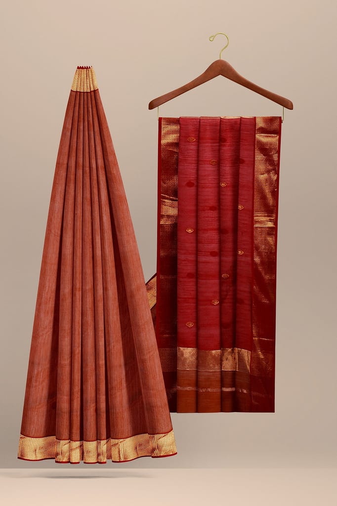 Yam Orange Diya Buti Handwoven Sausar Silk with Zari Border Saree SKU - BS10057 view 2