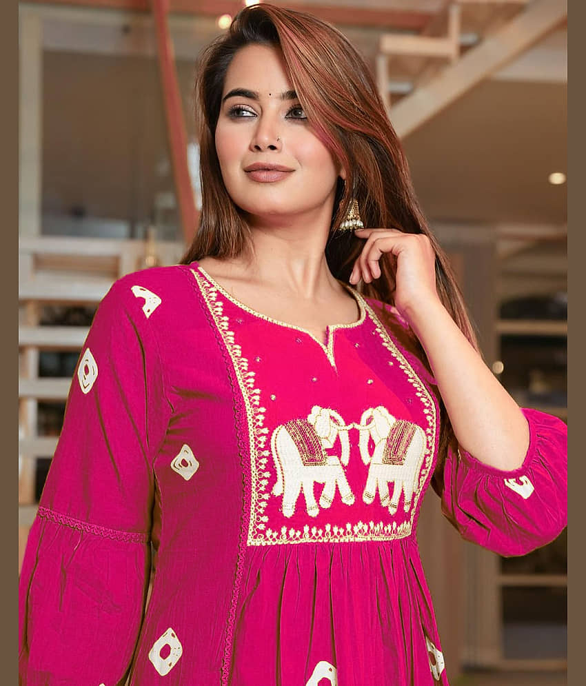 anushansa Women's Viscose Rayon Embroidered Straight Kurti - ( Pink ) view 2