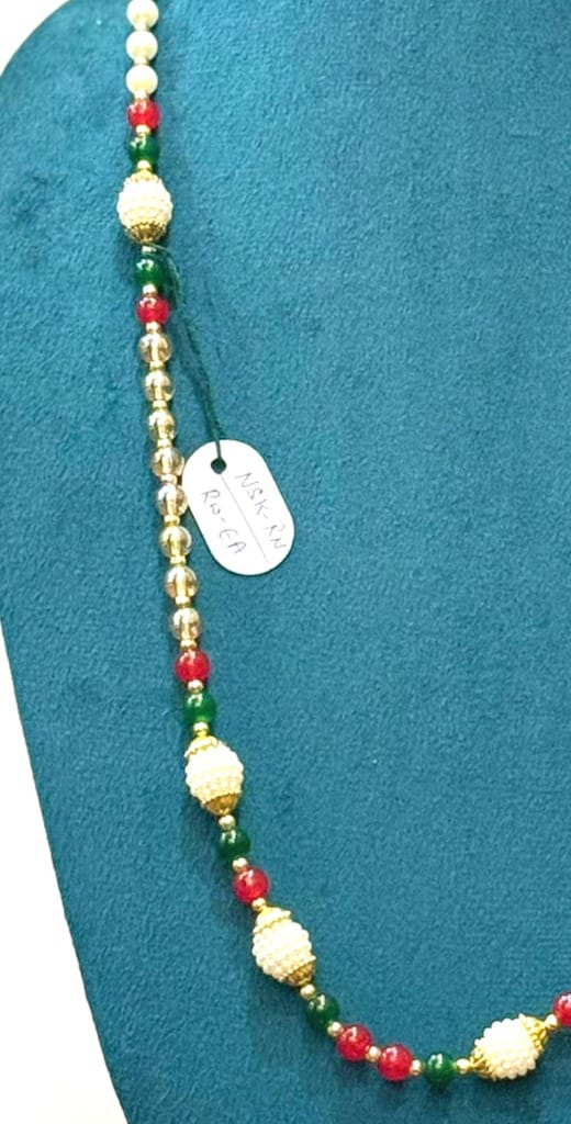 elegant dulha haar featuring white moti balls with red and green accents view 2