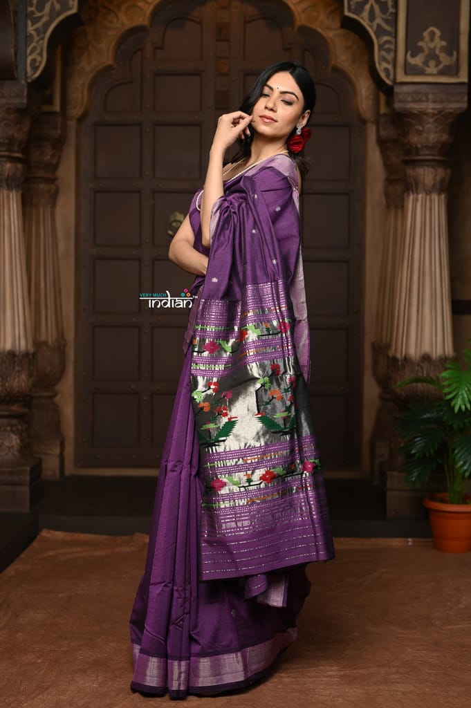 Parampara ~ Pure Cotton Paithani Saree with Exquisite Asawali Pallu in Gleaming Violet view 2