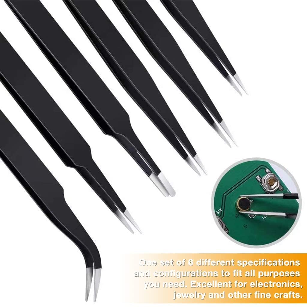 Elon ESD Anti-Static Stainless Steel Tweezers Set for Electronics, Craft, Precision Repairing, DIY (6 Pcs) view 2