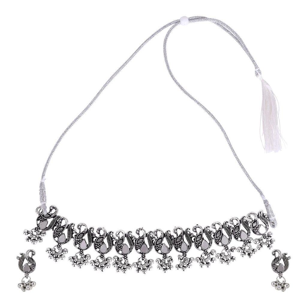 Cardinal Oxidized Silver Color Mirror Choker Necklace Set view 2