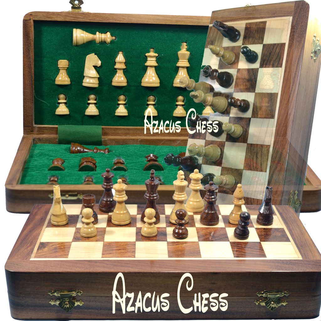 12x12 INCH SOUVNEAR Wooden Handcrafted Foldable Magnetic Chess Board Set + 34 Magnetic Pieces 2 Queens Extra for 2 Players Kids and Adults (Brown Yellow)
