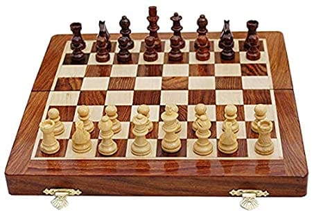 12x12 INCH SOUVNEAR Wooden Handcrafted Foldable Magnetic Chess Board Set + 34 Magnetic Pieces 2 Queens Extra for 2 Players Kids and Adults (Brown Yellow) view 2