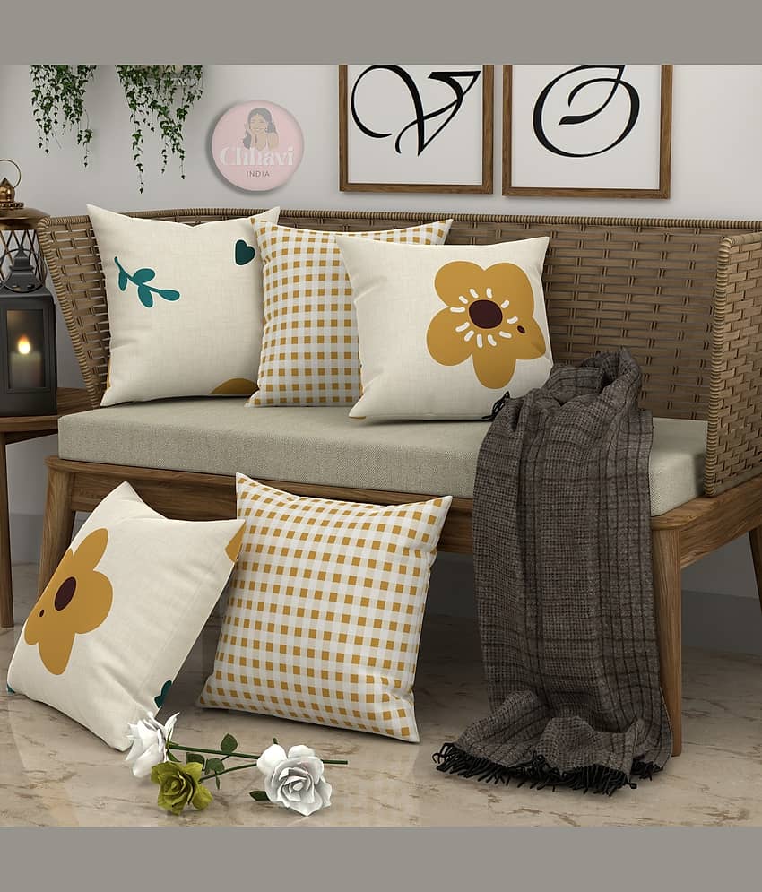 chhavi india Set of 1 Cotton Blend Floral Square Cushion Cover (40X40)cm - Yellow view 2