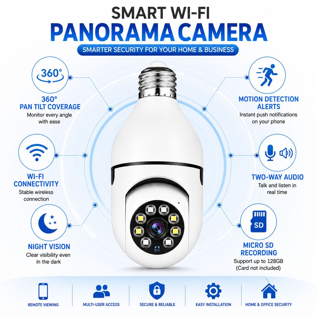 WiFi Panorama Bulb Security Camera | 360° Pan Tilt Wireless IP Camera | V380 Pro App Compatible | Two-Way Audio | Motion Detection Alert | Night Vision | Remote Viewing | Micro SD Card Support | Home & Office Surveillance view 2