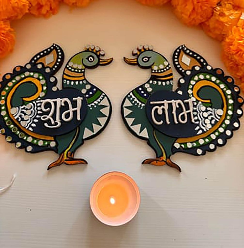 Haoser Peacock 3Style Shubh Labh for Home Decoration, Unfinished Wooden Shub Labh Cutouts for Diwali, Wedding, Parties, and Special Occasions, Wooden Shub Labh for Painting DIY Crafts view 2
