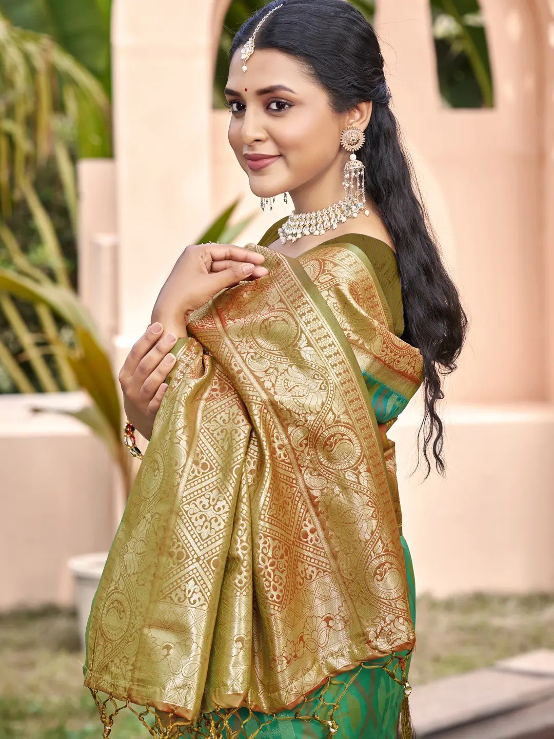 Rama Green Silk Saree view 2