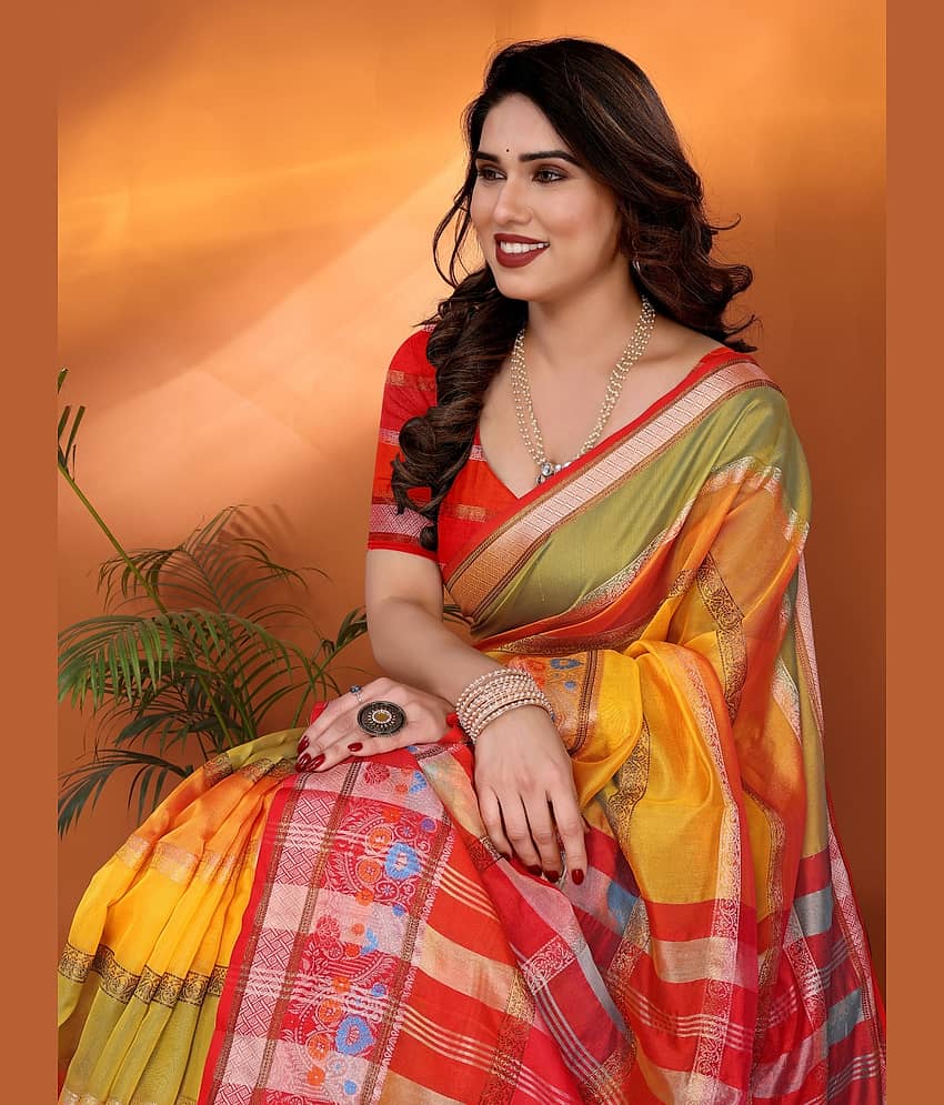 NightBlue Organza Striped Saree With Unstitched Blouse Piece ( Yellow ) view 2