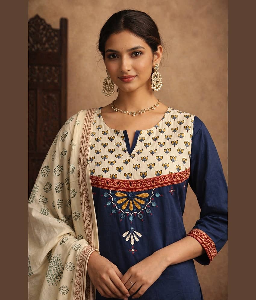 Aarika Women Cotton Printed Straight Kurti With Pants ( Navy Blue ) view 2