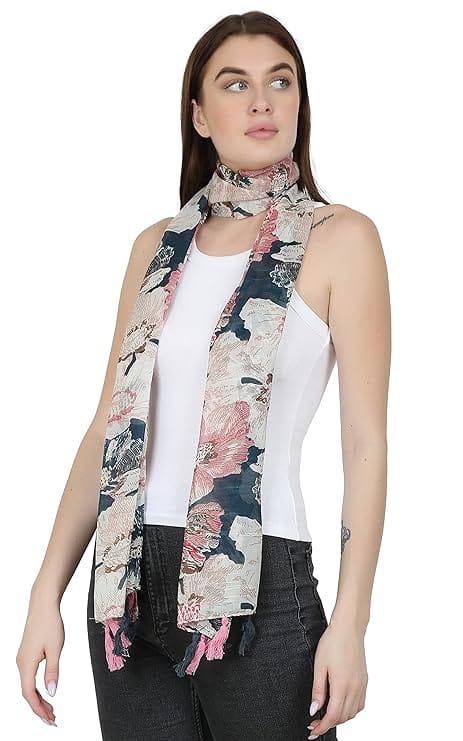 Women's Lightweight Floral Print Scarf with Tassels view 2