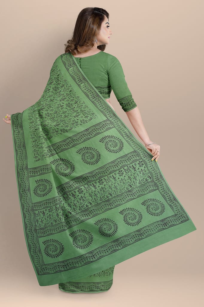 Fern Green Warli Motif Hand Block Print Malmal Cotton Saree SKU-AS10060 view 2