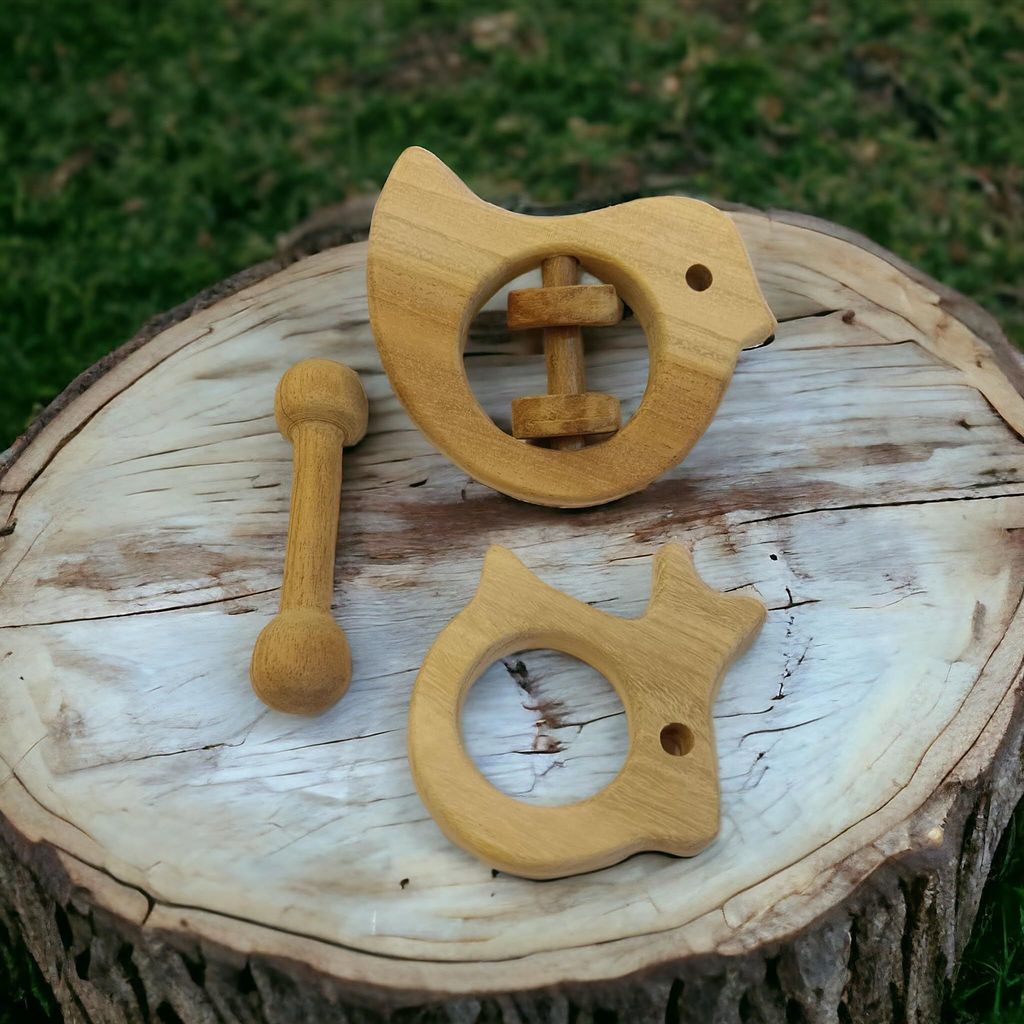 Sensory Developing Neem Wooden Rattle & Teethers- Dove, Dumb Bell & Rabbit Shapes for 0-3 Years view 2