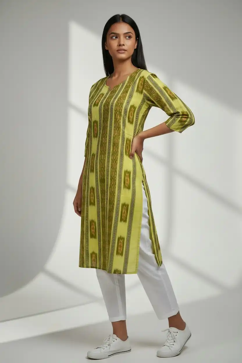 Sambalpuri Ikat Green Yellow Cotton Kurti view 2