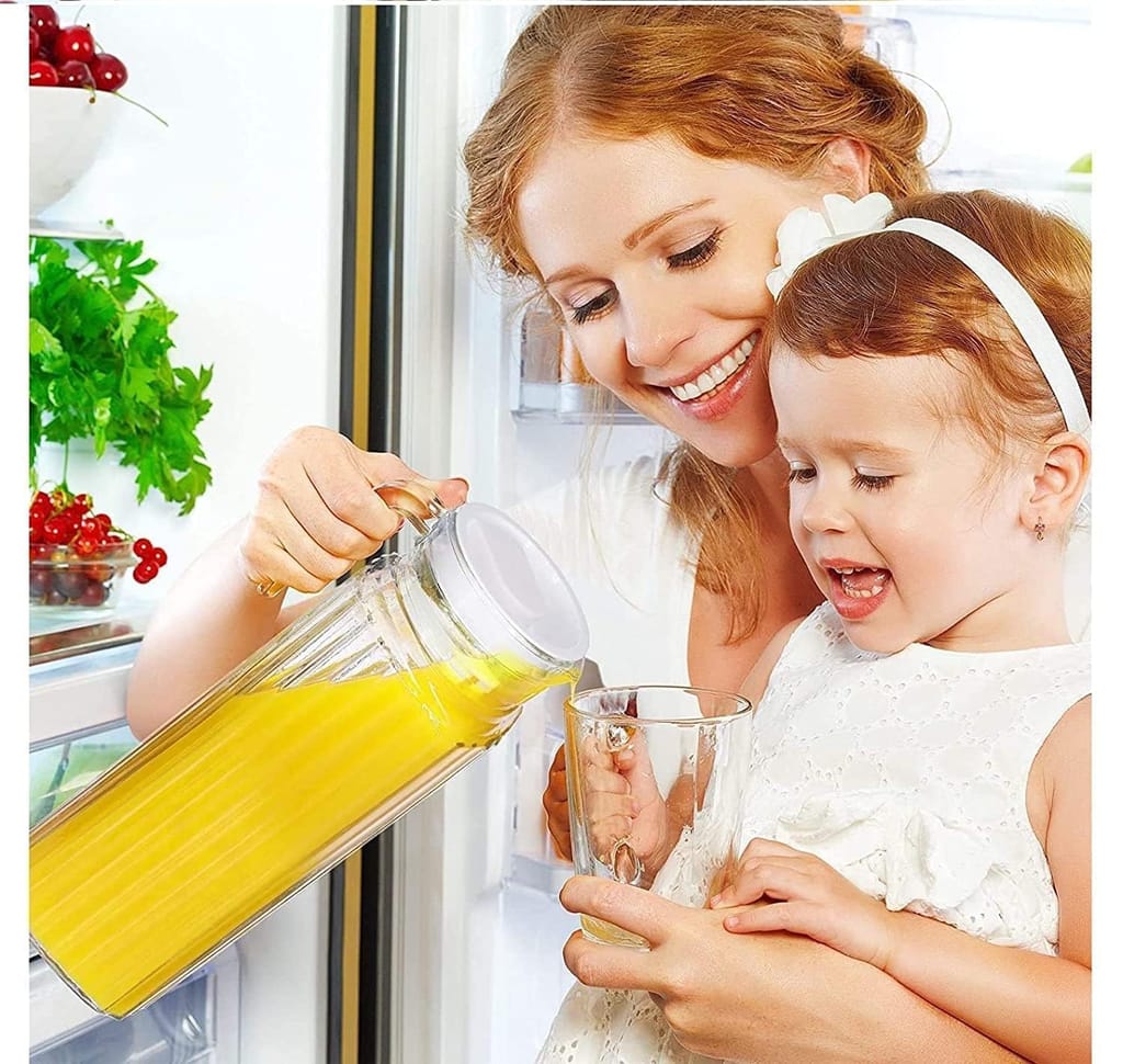 Italian Premium Glass Water Jug with Plastic Lid & Handle | 1.3 Littre |Transparent Carafe for Home, Office | Pitcher for Serve Water, Milk, Juice, Beverage, Chaas, Cocktail | view 2