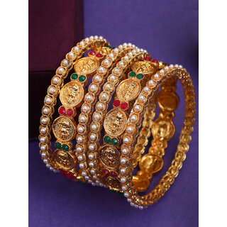 Red Green Kundan Pearl Laxmi Coin 6pc Bridal Bangle Set view 2