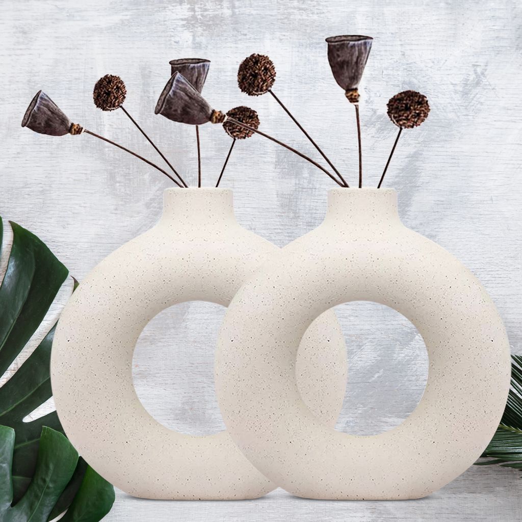 White Vase/ Office Desk Flower Vase Pampas Grass Vase Reinforced Ceramic Vase Round Shaped Vase Home Decor Centrepiece/ Decor Showpiece ((Donut Vase-6 in (Pack of 2))