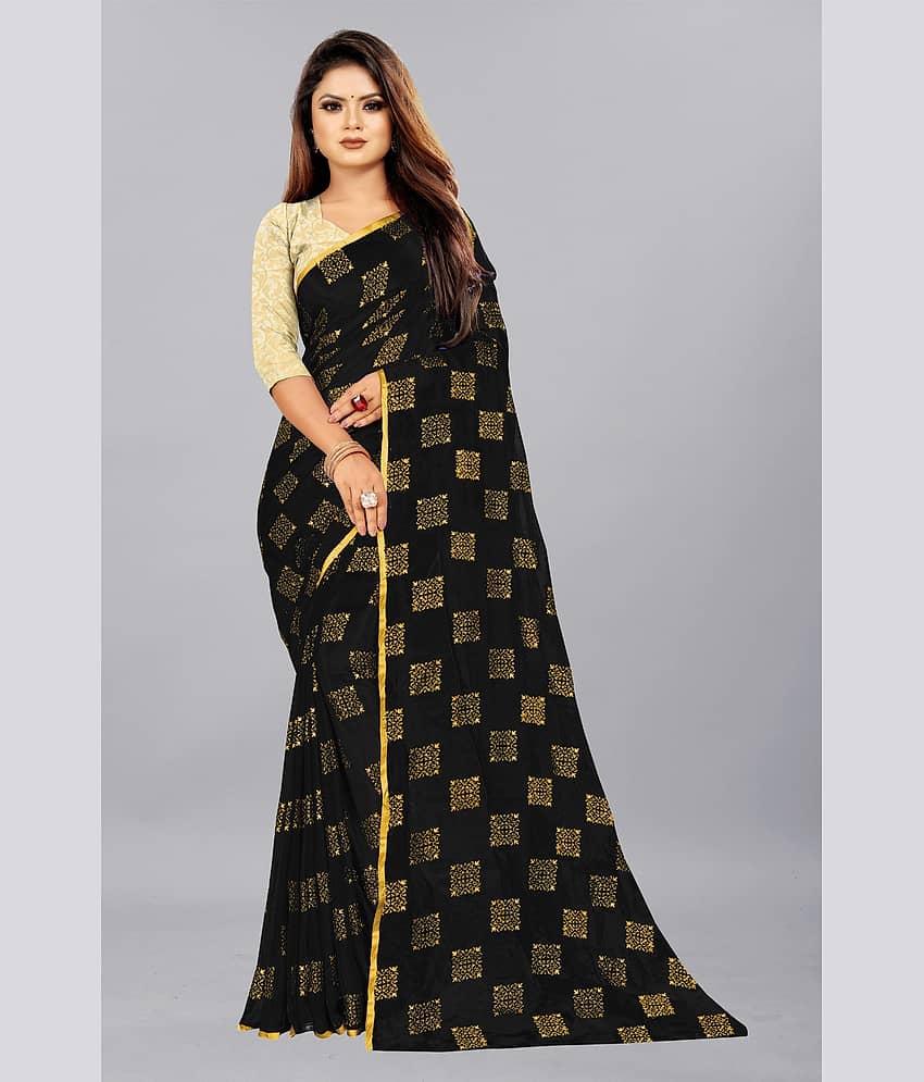 Rhey Chiffon Printed Saree With Unstitched Blouse Piece ( Navy Blue )