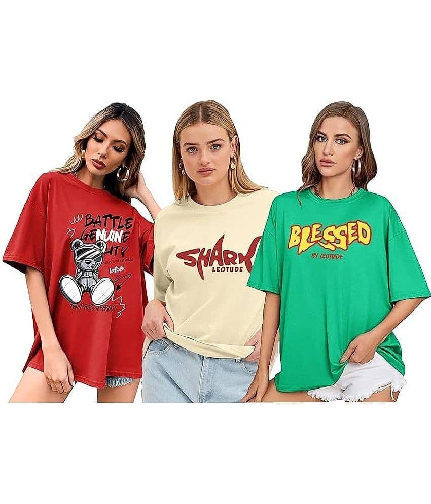 Leotude Women Cotton Blend Printed Oversized Fit Round Neck T-Shirt ( Multicolor )