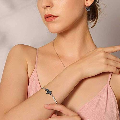 Blue Crystal Butterfly Bracelet for Women - 925 Sterling Silver Adjustable Tennis Bracelet