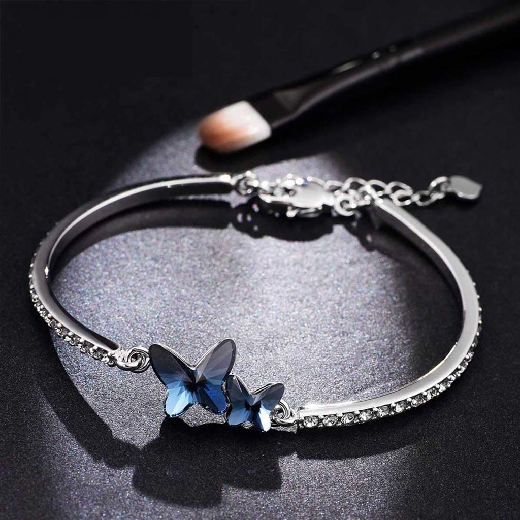 Blue Crystal Butterfly Bracelet for Women - 925 Sterling Silver Adjustable Tennis Bracelet view 2